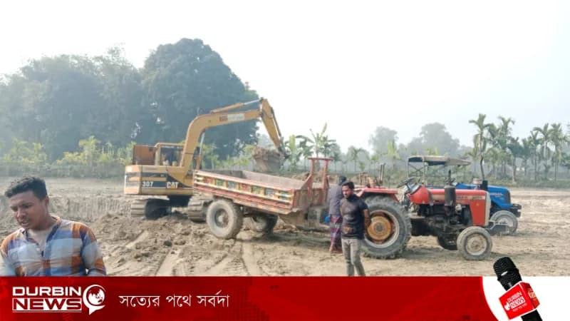 অ্যাক্সকেভেটর দিয়ে কাটা হচ্ছে কৃষিজমির উর্বর টপসয়েল—পীরগাছার রামগোপাল গ্রাম থেকে তোলা ছবি।