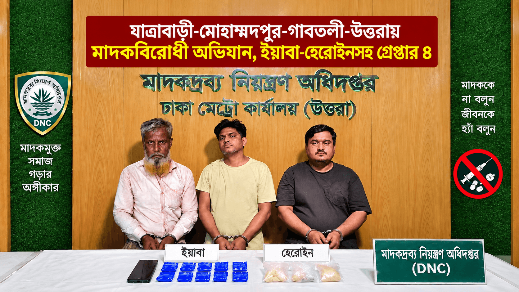 যাত্রাবাড়ী-মোহাম্মদপুর-গাবতলী-উত্তরায় মাদকবিরোধী অভিযান, ইয়াবা-হেরোইনসহ গ্রেপ্তার ৪